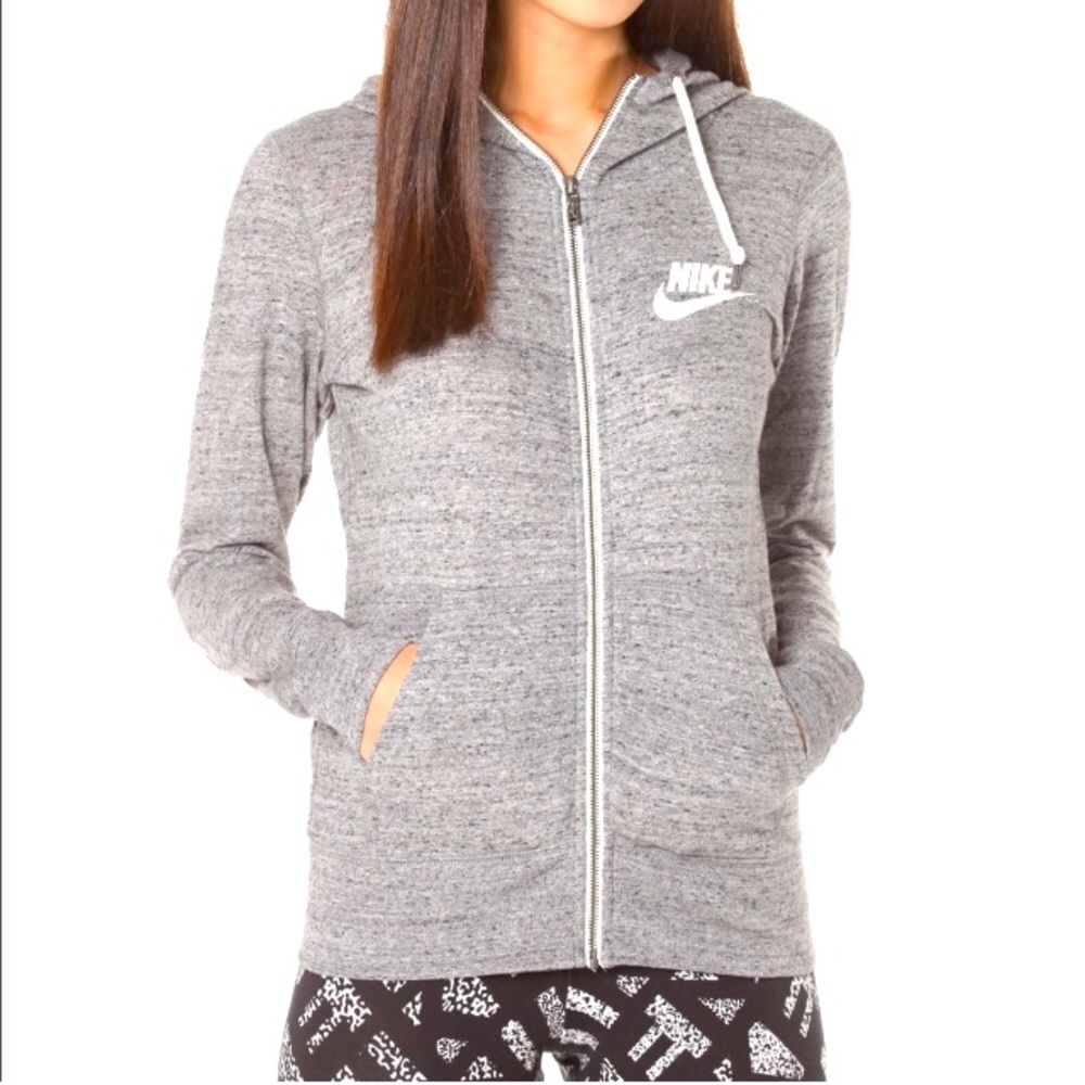 Nike Vintage Gym Zip Hoodie Jacket Medium Heathered Gray Swoosh Logo Drawstring